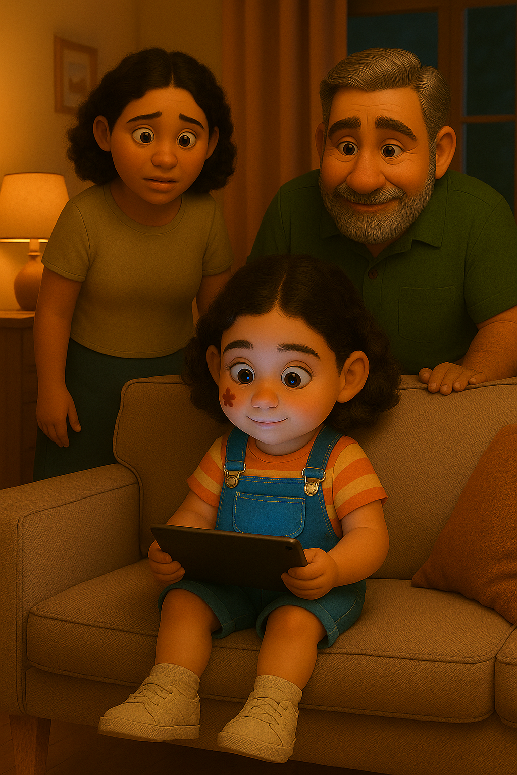 Joana no tablet e pais preocupados ao fundo